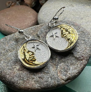 Moon Earrings, Celtic Jewelry, Celestial Jewelry, Crescent Moon Earrings, Full Moon Jewelry, Star Jewelry, Anniversary Gift, Gold Earrings