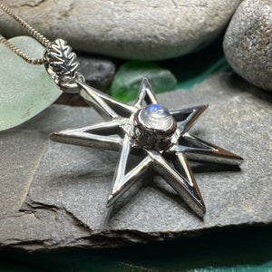 Elven Star Necklace, Seven Pointed Star Necklace, Celestial Pendant, Wiccan Jewelry, Moonstone Pendant, Pagan Jewelry, Oak Leaf, Mystical