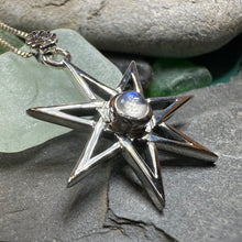 Load image into Gallery viewer, Elven Star Necklace, Seven Pointed Star Necklace, Celestial Pendant, Wiccan Jewelry, Moonstone Pendant, Pagan Jewelry, Oak Leaf, Mystical
