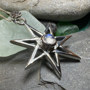 Elven Star Necklace, Seven Pointed Star Necklace, Celestial Pendant, Wiccan Jewelry, Moonstone Pendant, Pagan Jewelry, Oak Leaf, Mystical