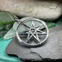 Load image into Gallery viewer, Elven Star Necklace, Seven Pointed Star Necklace, Celestial Pendant, Wiccan Jewelry, Witch Pendant, Pagan Jewelry, Oak Leaf, Mystical
