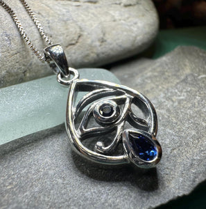 Eye of Horus Necklace, Egyptian Eye Pendant, Mystical Amulet, Egyptian Symbol, Sapphire Jewelry, Cancer Survivor Gift, Recovery Gift