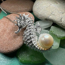 Load image into Gallery viewer, Seahorse Necklace, Shell Jewelry, Beach Jewelry, Pearl Jewelry, Retirement Gift, Silver Sea Jewelry, Nautical Jewelry, Beach Lover Jewelry
