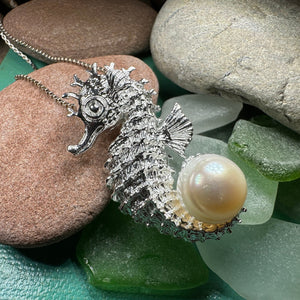 Seahorse Necklace, Shell Jewelry, Beach Jewelry, Pearl Jewelry, Retirement Gift, Silver Sea Jewelry, Nautical Jewelry, Beach Lover Jewelry