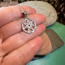 Load image into Gallery viewer, Petite Elven Star Necklace, Seven Pointed Star Necklace, Celestial Pendant, Wiccan Jewelry, Witch Pendant, Pagan Jewelry, Oak Leaf, Mystical
