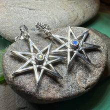 Load image into Gallery viewer, Elven Star Earrings, Seven Pointed Star Jewelry, Celestial Post Earrings, Wiccan Jewelry, Moonstone Jewelry, Pagan Jewelry, Oak Leaf Gift
