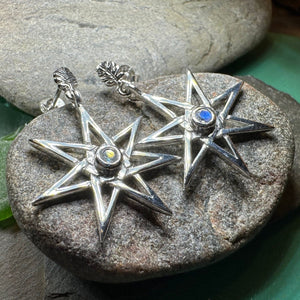 Elven Star Earrings, Seven Pointed Star Jewelry, Celestial Post Earrings, Wiccan Jewelry, Moonstone Jewelry, Pagan Jewelry, Oak Leaf Gift