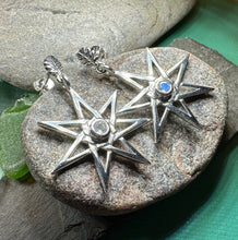 Load image into Gallery viewer, Elven Star Earrings, Seven Pointed Star Jewelry, Celestial Post Earrings, Wiccan Jewelry, Moonstone Jewelry, Pagan Jewelry, Oak Leaf Gift
