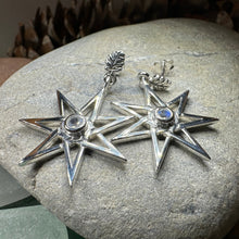 Load image into Gallery viewer, Elven Star Earrings, Seven Pointed Star Jewelry, Celestial Post Earrings, Wiccan Jewelry, Moonstone Jewelry, Pagan Jewelry, Oak Leaf Gift
