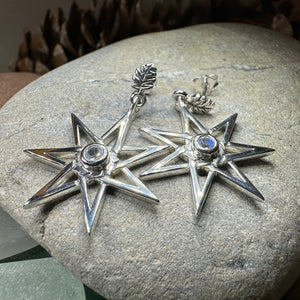 Elven Star Earrings, Seven Pointed Star Jewelry, Celestial Post Earrings, Wiccan Jewelry, Moonstone Jewelry, Pagan Jewelry, Oak Leaf Gift