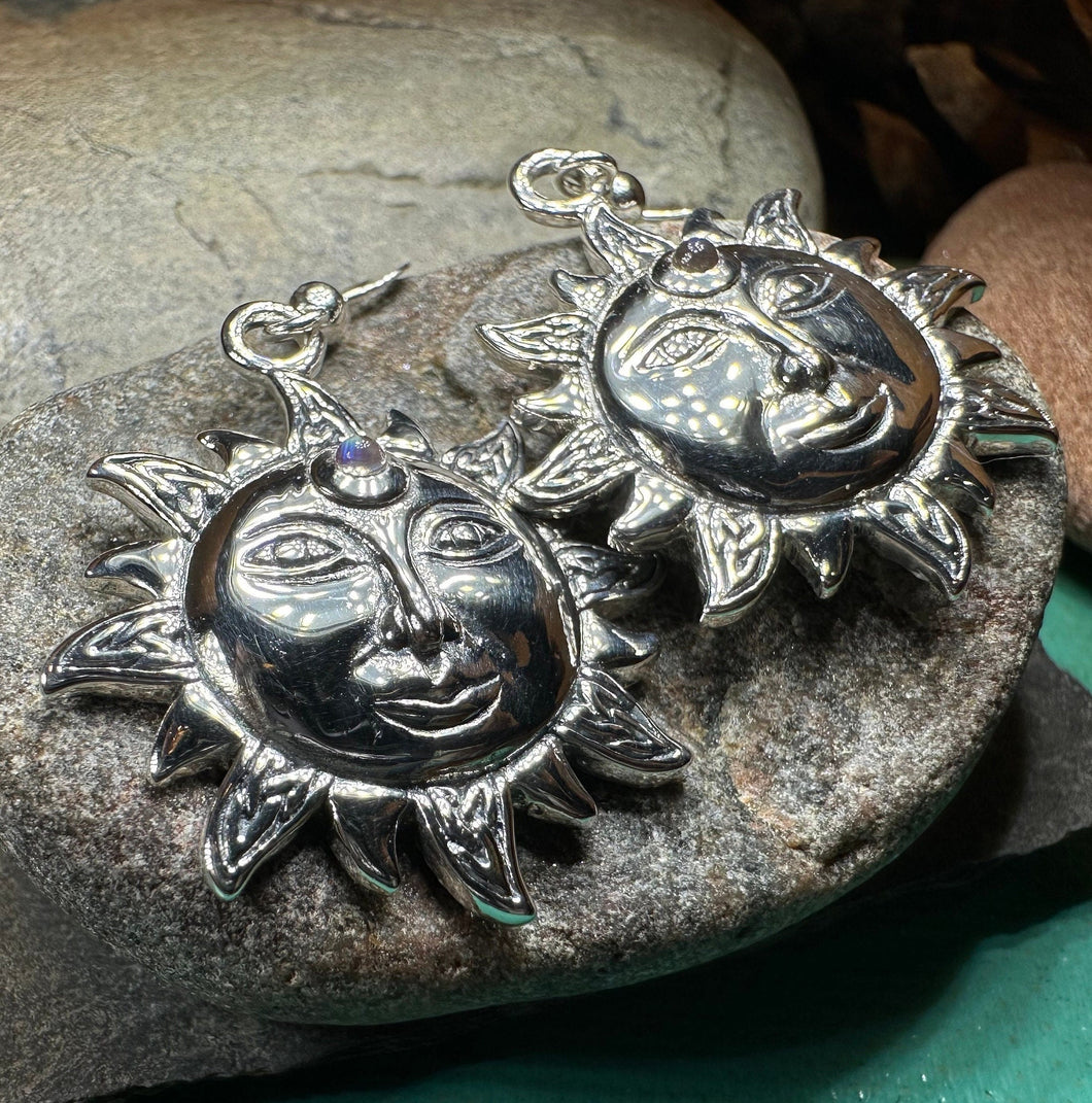 Sun Earrings, Celtic Jewelry, Moonstone Dangle Earrings, Celestial Jewelry, Wiccan Jewelry, Mom Gift, Sun Jewelry, Pagan Jewelry, Beach