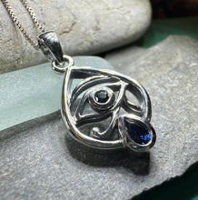 Load image into Gallery viewer, Eye of Horus Necklace, Egyptian Eye Pendant, Mystical Amulet, Egyptian Symbol, Sapphire Jewelry, Cancer Survivor Gift, Recovery Gift
