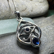 Load image into Gallery viewer, Eye of Horus Necklace, Egyptian Eye Pendant, Mystical Amulet, Egyptian Symbol, Sapphire Jewelry, Cancer Survivor Gift, Recovery Gift
