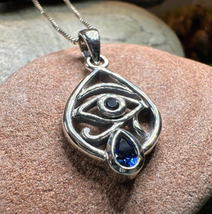 Eye of Horus Necklace, Egyptian Eye Pendant, Mystical Amulet, Egyptian Symbol, Sapphire Jewelry, Cancer Survivor Gift, Recovery Gift