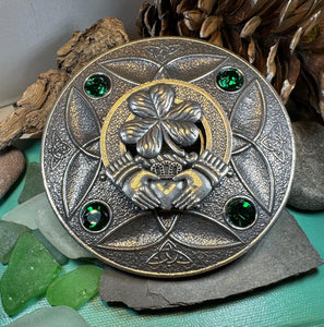 Claddagh Brooch, Celtic Harp Jewelry, Large Irish Pin, Shamrock Brooch, Ireland Brooch, Claddagh Tartan Pin, Bagpiper Gift, Men's Plaid Pin