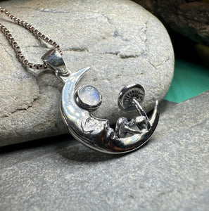 Moon Necklace, Mushroom Necklace, Celestial Pendant, Mystical Jewelry, Pagan Jewelry, Gothic Pendant, Forest Pendant, Halloween Gift