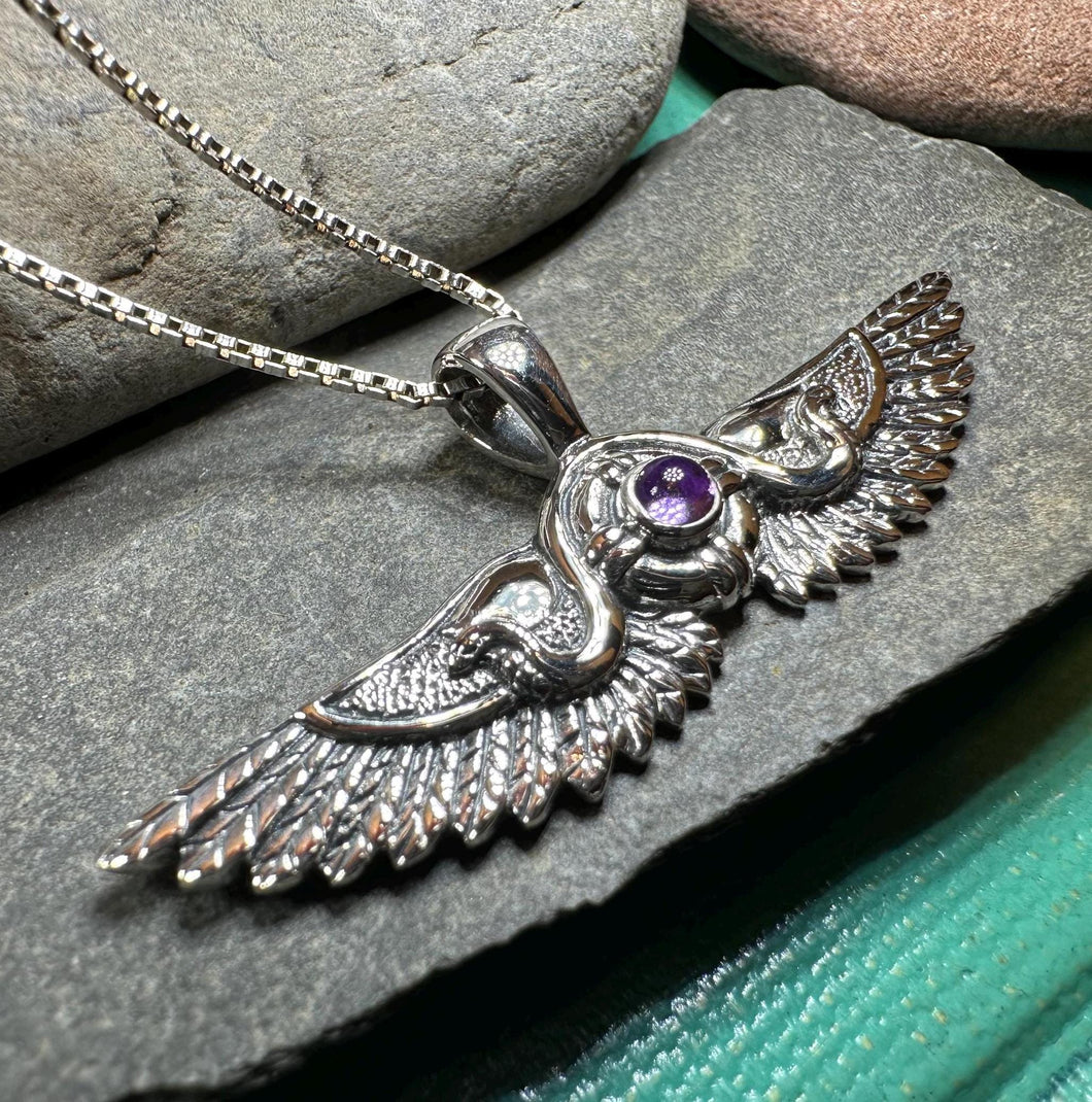 Winged Sun Necklace, Egyptian Pendant, Mystical Amulet, Egyptian Symbol, Pagan Jewelry, Goddess Jewelry, Recovery Gift, Silver Isis Pendant