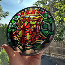 Load image into Gallery viewer, Scottish Lion Wall Decor, Celtic Thistle Gift, Scotland Stained Glass, New Home Gift, Celtic Wedding Gift, Anniversary Gift, Suncatcher
