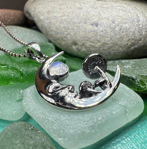 Moon Necklace, Mushroom Necklace, Celestial Pendant, Mystical Jewelry, Pagan Jewelry, Gothic Pendant, Forest Pendant, Halloween Gift