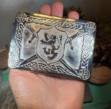 Load image into Gallery viewer, Celtic Lion Kilt Belt Buckle, Scottish Belt Buckle, Pewter Buckle, Large Belt Buckle, Men&#39;s Celtic Gift, Irish Gift, Celtic Knot Buckle
