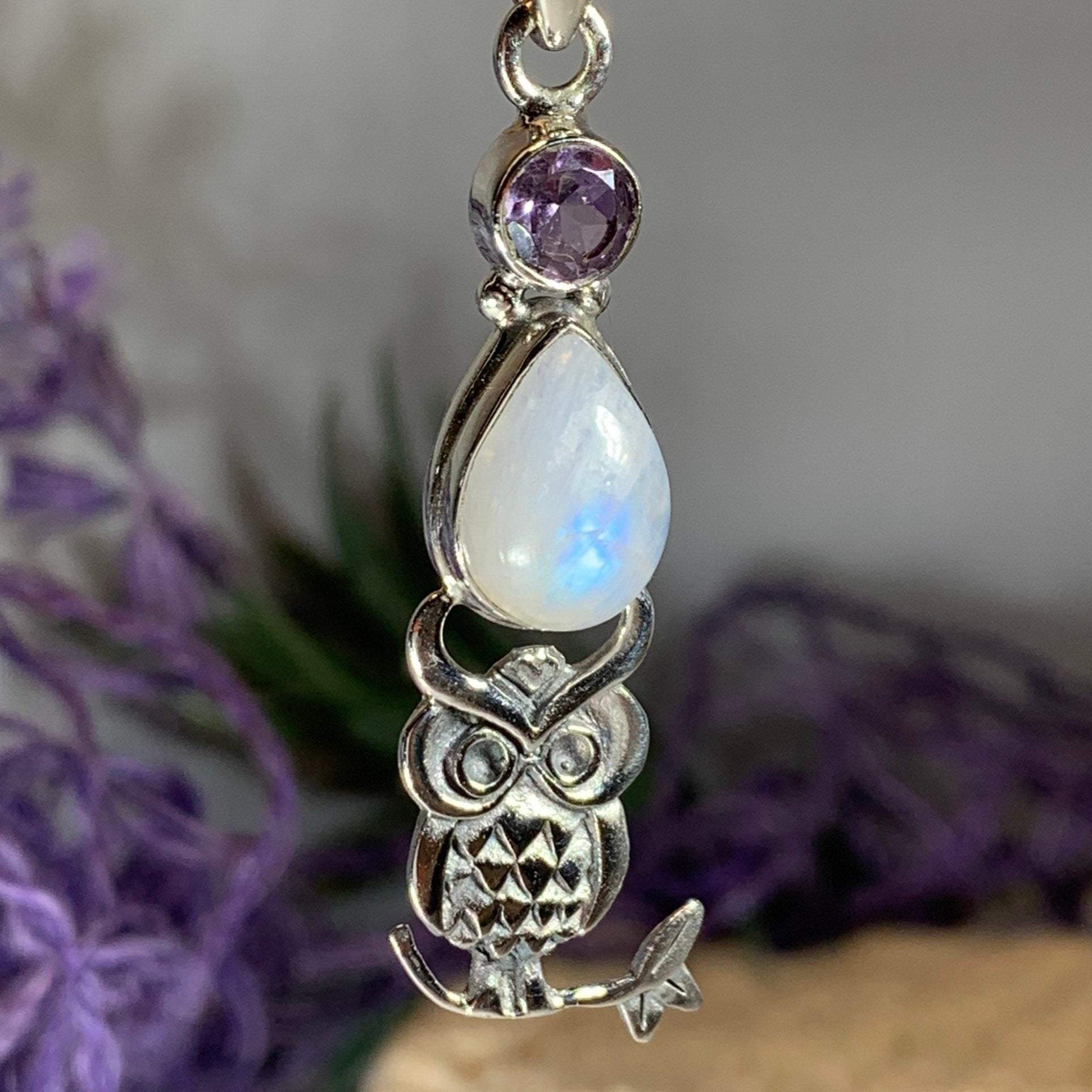 Moonstone and Amethyst Owl popular Necklace, Sterling Silver