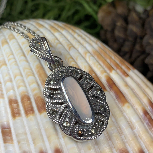 Victorian Necklace, Celtic Jewelry, Marcasite Jewelry, Mother of Pearl Jewelry, Wiccan Jewelry, Anniversary Gift