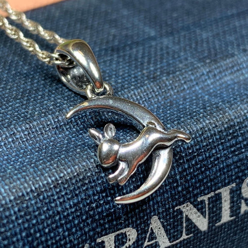 Moon Necklace, Rabbit Necklace, Celestial Jewelry, Mystical Jewelry, Silver Hare Jewelry, Celtic Pendant, Crescent Moon Pendant, Irish Gift