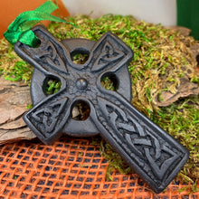 Load image into Gallery viewer, Celtic Cross Ornament, Turf Hanging Ornament, Christmas Tree Ornament, Ireland Gift, Irish Turf Gift, Housewarming Gift, New Home Gift
