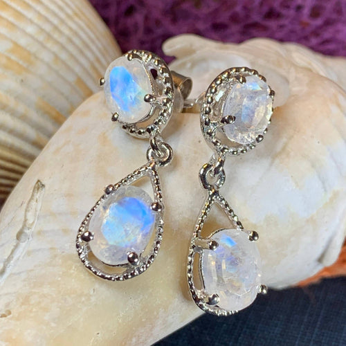 Moonstone Earrings, Bridal Drop Earrings, Faceted Moonstone Dangle Earrings, Anniversary Gift, Mom Gift, Wiccan Jewelry, June Birthstone