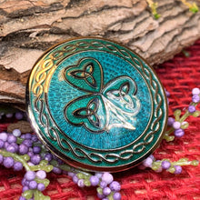 Load image into Gallery viewer, Celtic Shamrock Brooch, Shamrock Jewelry, Irish Brooch, Scarf Pin, Coat Pin, Enamel Jewelry, Irish Jewelry, Ireland Pin, Mom Gift, Lapel Pin
