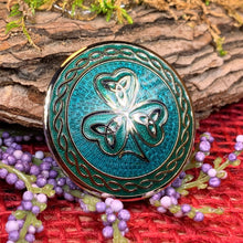 Load image into Gallery viewer, Celtic Shamrock Brooch, Shamrock Jewelry, Irish Brooch, Scarf Pin, Coat Pin, Enamel Jewelry, Irish Jewelry, Ireland Pin, Mom Gift, Lapel Pin
