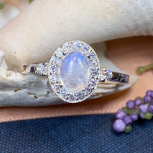 Load image into Gallery viewer, Moonstone Ring, Promise Ring, Moonstone Engagement Ring, Anniversary Gift, Halo Ring, Boho Ring, Mom Gift, Wife Gift, Cocktail Ring
