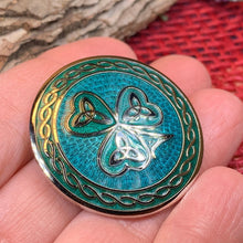 Load image into Gallery viewer, Celtic Shamrock Brooch, Shamrock Jewelry, Irish Brooch, Scarf Pin, Coat Pin, Enamel Jewelry, Irish Jewelry, Ireland Pin, Mom Gift, Lapel Pin
