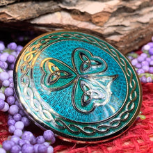 Load image into Gallery viewer, Celtic Shamrock Brooch, Shamrock Jewelry, Irish Brooch, Scarf Pin, Coat Pin, Enamel Jewelry, Irish Jewelry, Ireland Pin, Mom Gift, Lapel Pin
