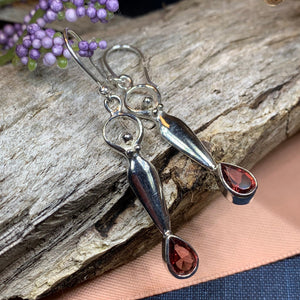 Goddess Earrings, Moon Jewelry, Goddess Jewelry, Celtic Jewelry, Garnet Jewelry, Anniversary Gift, Irish Gift, Silver Drop Earrings