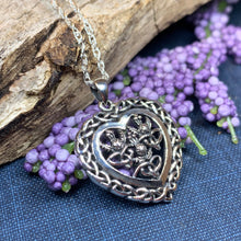 Load image into Gallery viewer, Thistle Necklace, Celtic Jewelry, Scotland Jewelry, Scottish Thistle Necklace, Outlander Jewelry, Nature Necklace, Heart Pendant, Wife Gift
