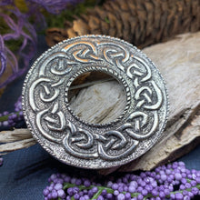 Load image into Gallery viewer, Celtic Brooch, Scotland Jewelry, Celtic Jewelry, Anniversary Gift, Outlander Jewelry, Flower Pin, Penannular Brooch, Irish Pin, Pewter Pin
