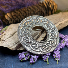 Load image into Gallery viewer, Celtic Brooch, Scotland Jewelry, Celtic Jewelry, Anniversary Gift, Outlander Jewelry, Flower Pin, Penannular Brooch, Irish Pin, Pewter Pin
