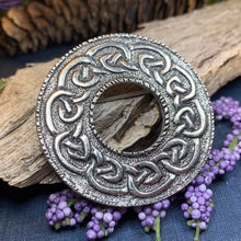 Load image into Gallery viewer, Celtic Brooch, Scotland Jewelry, Celtic Jewelry, Anniversary Gift, Outlander Jewelry, Flower Pin, Penannular Brooch, Irish Pin, Pewter Pin
