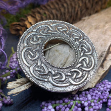 Load image into Gallery viewer, Celtic Brooch, Scotland Jewelry, Celtic Jewelry, Anniversary Gift, Outlander Jewelry, Flower Pin, Penannular Brooch, Irish Pin, Pewter Pin
