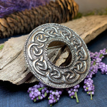 Load image into Gallery viewer, Celtic Brooch, Scotland Jewelry, Celtic Jewelry, Anniversary Gift, Outlander Jewelry, Flower Pin, Penannular Brooch, Irish Pin, Pewter Pin
