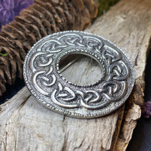 Load image into Gallery viewer, Celtic Brooch, Scotland Jewelry, Celtic Jewelry, Anniversary Gift, Outlander Jewelry, Flower Pin, Penannular Brooch, Irish Pin, Pewter Pin
