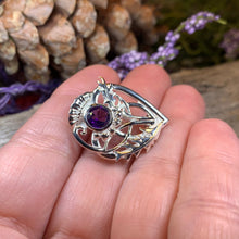 Load image into Gallery viewer, Thistle Brooch, Scotland Jewelry, Outlander Jewelry, Bridal Brooch, Thistle Jewelry, Scottish Jewelry, Celtic Brooch, Amethyst Silver Pin
