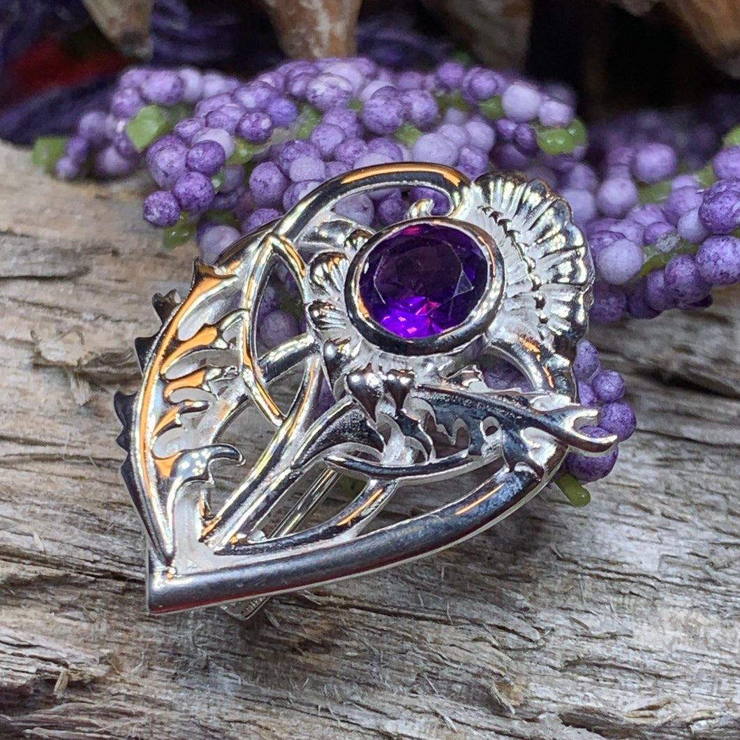Thistle Brooch, Scotland Jewelry, Outlander Jewelry, Bridal Brooch, Thistle Jewelry, Scottish Jewelry, Celtic Brooch, Amethyst Silver Pin