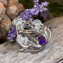 Load image into Gallery viewer, Thistle Brooch, Scotland Jewelry, Outlander Jewelry, Bridal Brooch, Thistle Jewelry, Scottish Jewelry, Celtic Brooch, Amethyst Silver Pin
