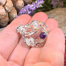 Load image into Gallery viewer, Thistle Brooch, Scotland Jewelry, Outlander Jewelry, Bridal Brooch, Thistle Jewelry, Scottish Jewelry, Celtic Brooch, Amethyst Silver Pin
