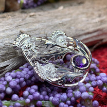 Load image into Gallery viewer, Thistle Brooch, Scotland Jewelry, Outlander Jewelry, Bridal Brooch, Thistle Jewelry, Scottish Jewelry, Celtic Brooch, Amethyst Silver Pin
