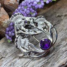 Load image into Gallery viewer, Thistle Brooch, Scotland Jewelry, Outlander Jewelry, Bridal Brooch, Thistle Jewelry, Scottish Jewelry, Celtic Brooch, Amethyst Silver Pin
