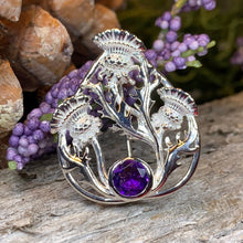 Load image into Gallery viewer, Thistle Brooch, Scotland Jewelry, Outlander Jewelry, Bridal Brooch, Thistle Jewelry, Scottish Jewelry, Celtic Brooch, Amethyst Silver Pin
