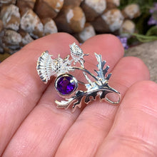 Load image into Gallery viewer, Thistle Brooch, Scotland Jewelry, Outlander Jewelry, Bridal Brooch, Thistle Jewelry, Scottish Jewelry, Celtic Brooch, Amethyst Silver Pin
